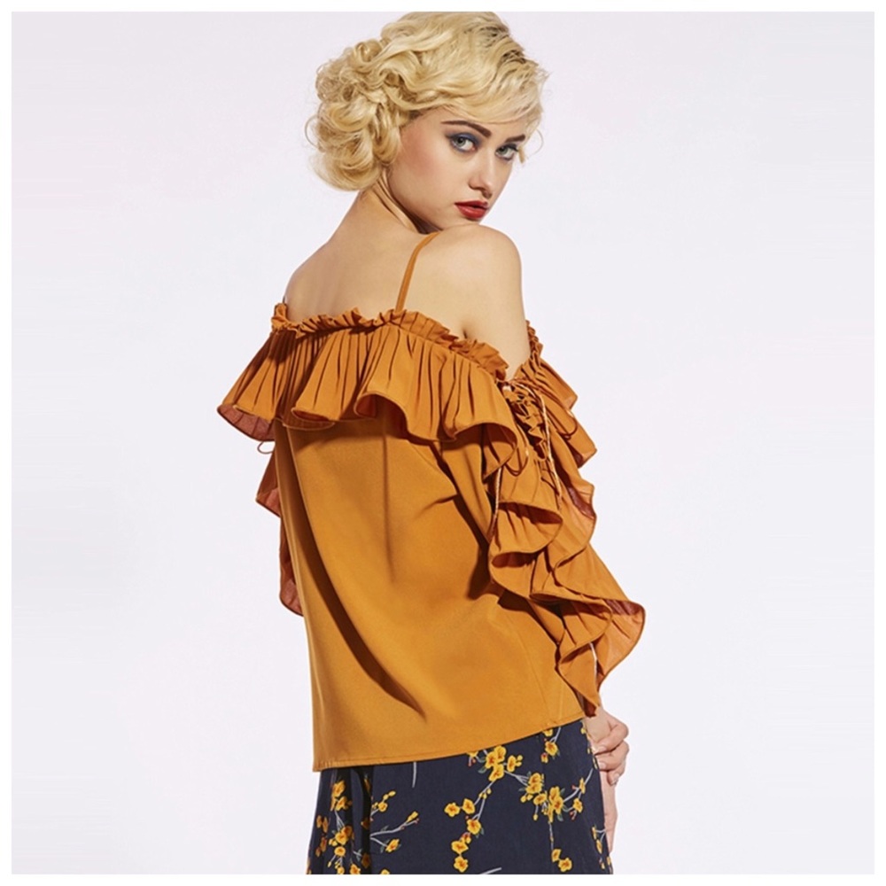 🍂 Peach Orange Ruffle Off The Shoulder Top - Picture 2 of 3